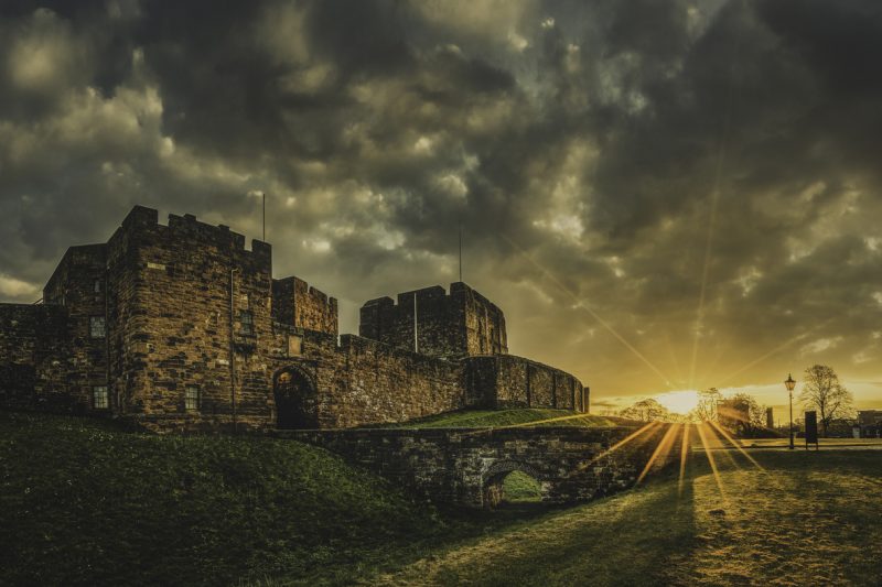 Carlisle Castle view with De Ireby's Tower and The Keep at sunrise.